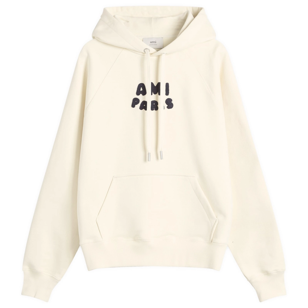 AMI Paris Men's Woven Ami Logo Jersey Hoodie White Cream